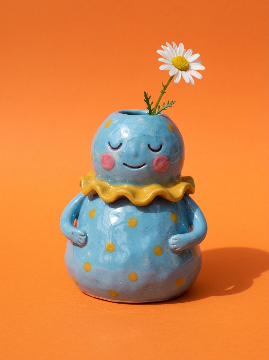 A sky-blue bud vase shaped like a sleepy smiling character with pink cheeks, a yellow frilly collar and a daisy