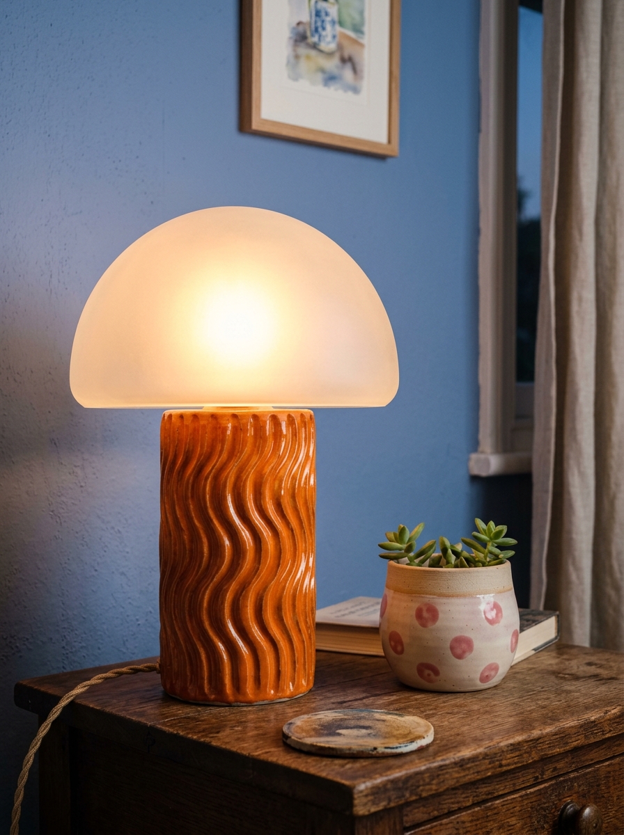 Glowing ceramic table lamp with an orange carved wavy base and a frosted mushroom shade beside a pink spotty plant pot