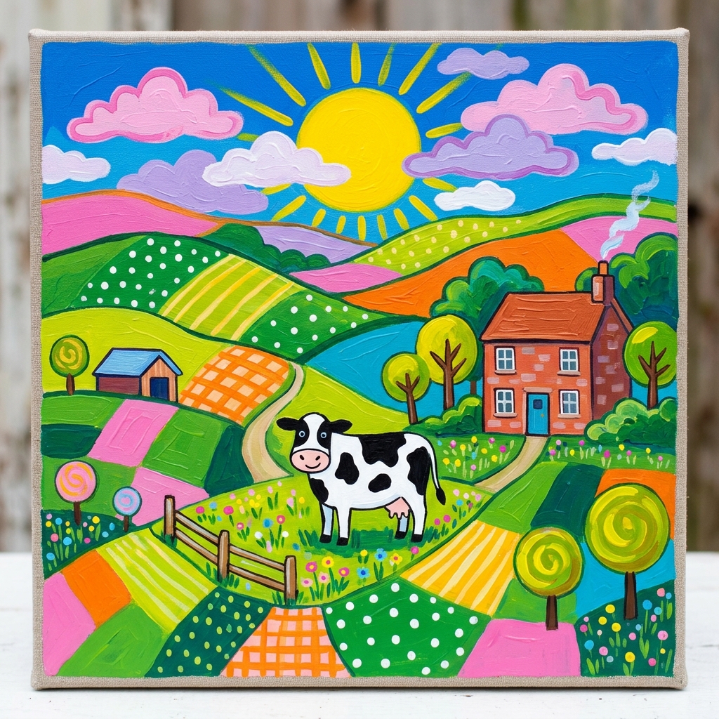 A naive painting of rolling Cheshire fields, used as a playful map of the studio's surroundings