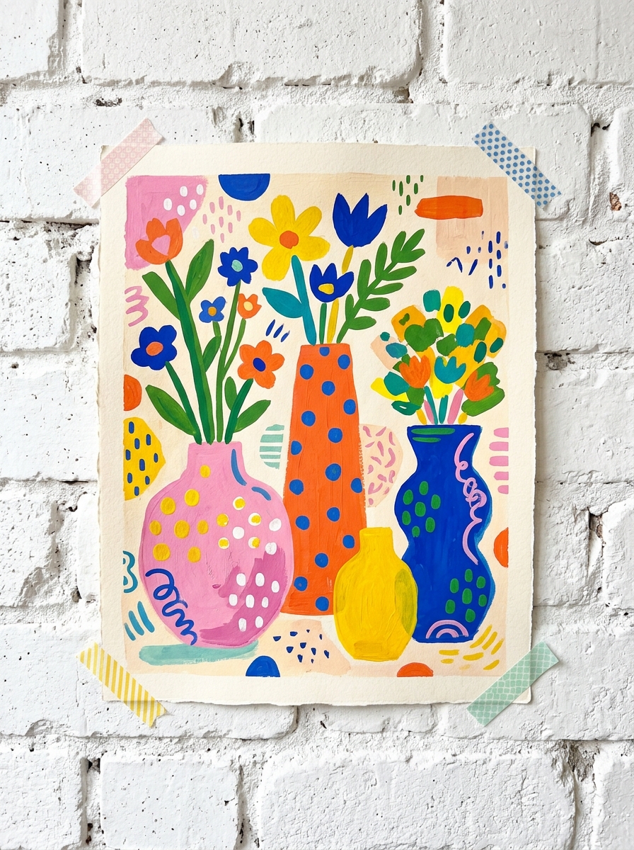 A bright gouache painting of polka-dot vases full of flowers, taped to a white brick wall
