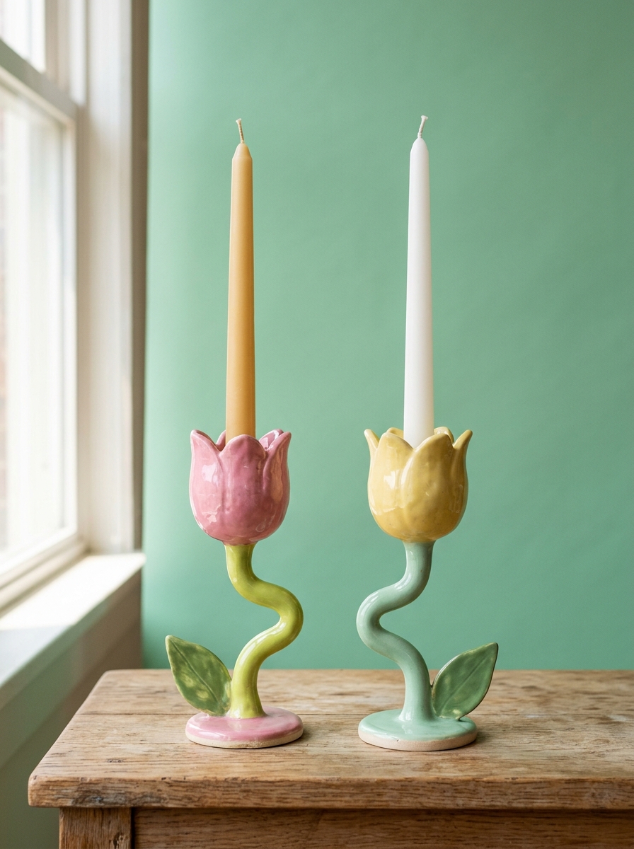 Two tulip-shaped ceramic candlesticks with curvy stems, one pink and one yellow, holding tall candles